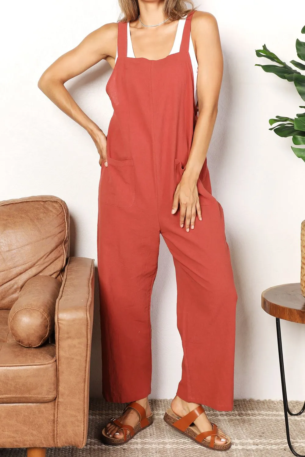 Red Orange Wide Leg Overalls with Front Pockets