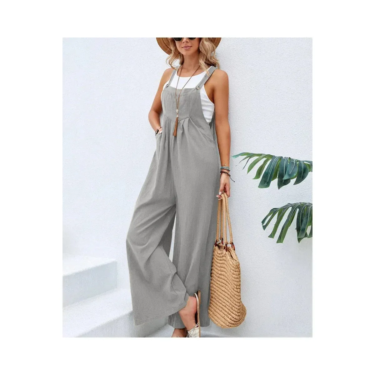 Retro Casual Cotton Suspender Long Pant Pockets Button Wide Leg Strap Jumpsuit Loose Rompers Overalls