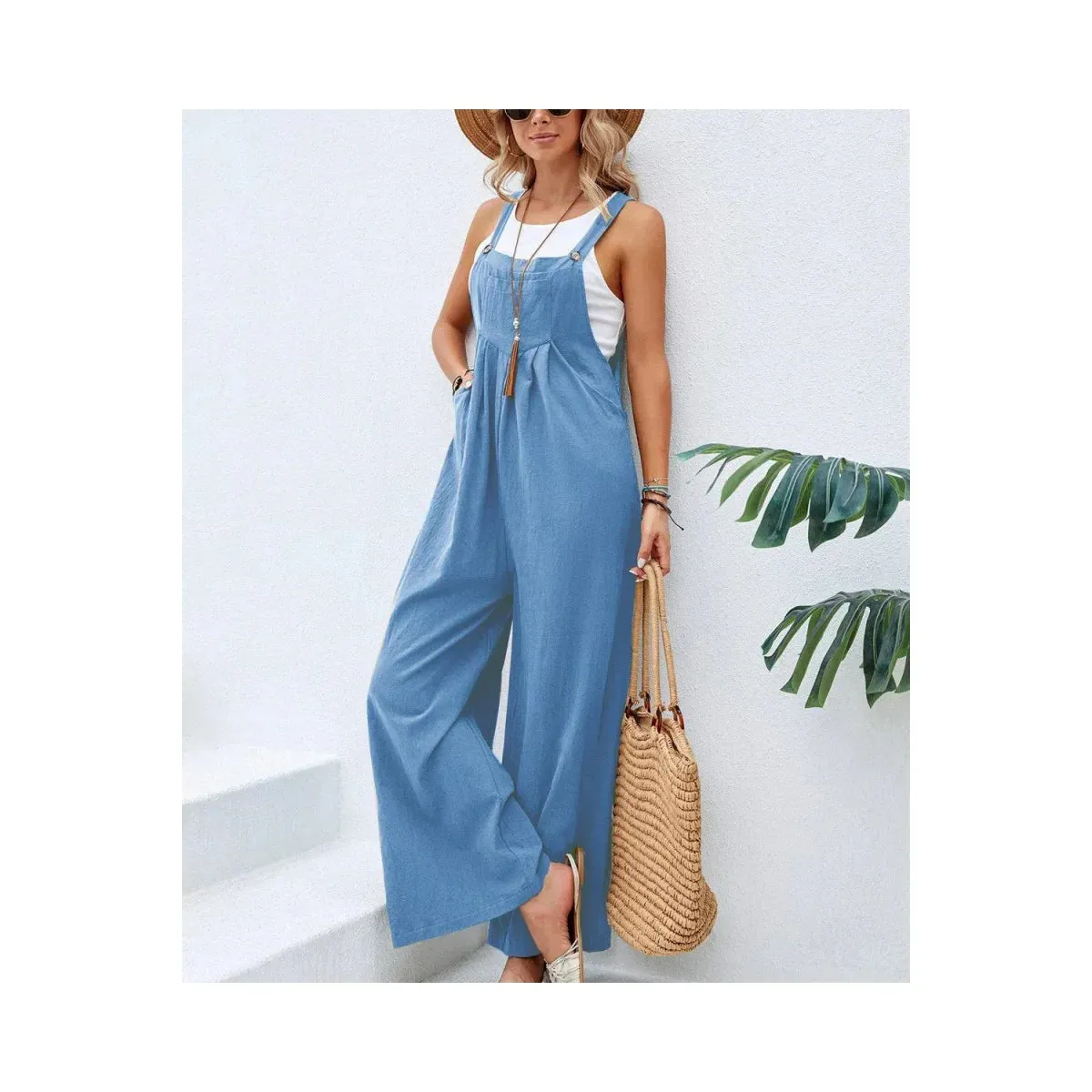 Retro Casual Cotton Suspender Long Pant Pockets Button Wide Leg Strap Jumpsuit Loose Rompers Overalls
