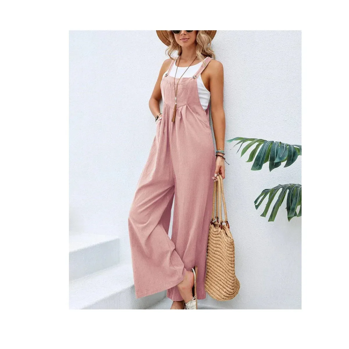 Retro Casual Cotton Suspender Long Pant Pockets Button Wide Leg Strap Jumpsuit Loose Rompers Overalls