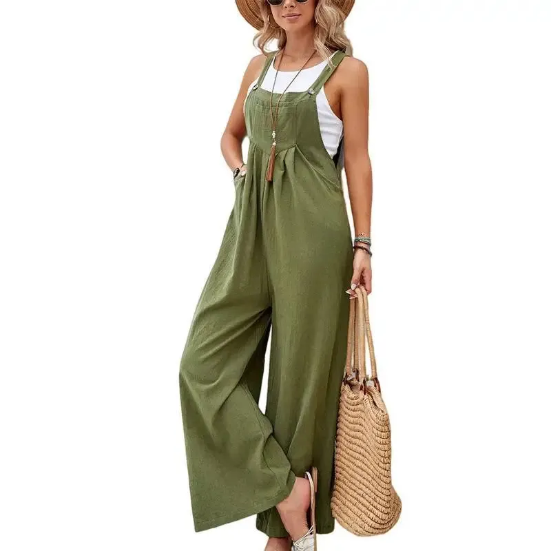 Retro Casual Cotton Suspender Long Pant Pockets Button Wide Leg Strap Jumpsuit Loose Rompers Overalls