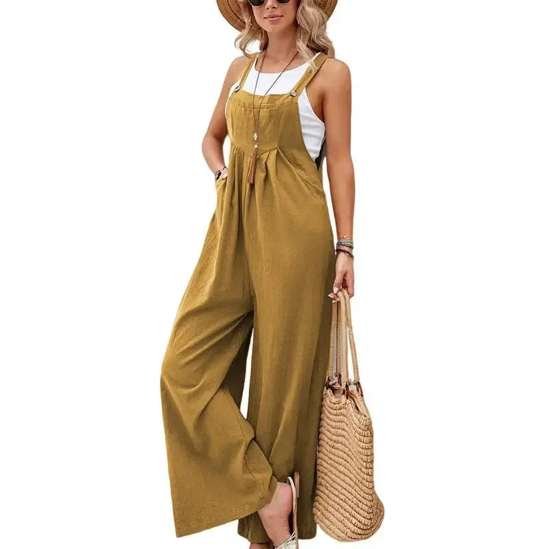 Retro Casual Cotton Suspender Long Pant Pockets Button Wide Leg Strap Jumpsuit Loose Rompers Overalls