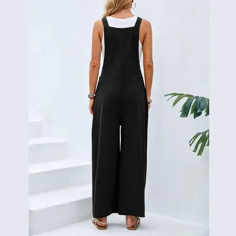 Retro Casual Cotton Suspender Long Pant Pockets Button Wide Leg Strap Jumpsuit Loose Rompers Overalls