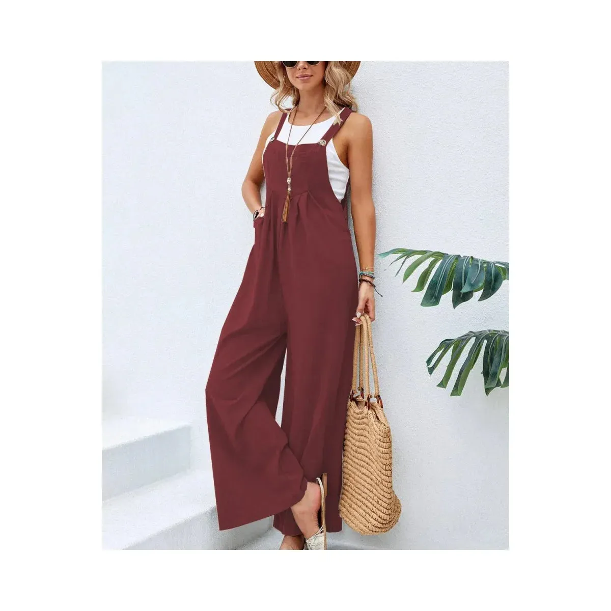 Retro Casual Cotton Suspender Long Pant Pockets Button Wide Leg Strap Jumpsuit Loose Rompers Overalls