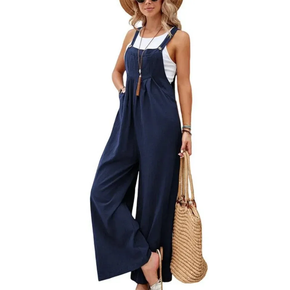 Retro Casual Cotton Suspender Long Pant Pockets Button Wide Leg Strap Jumpsuit Loose Rompers Overalls