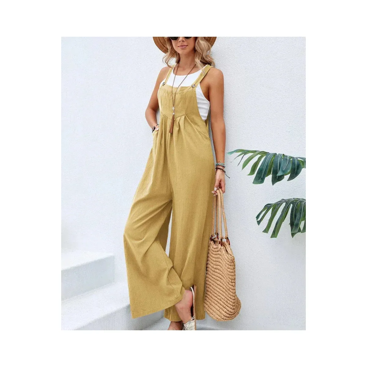Retro Casual Cotton Suspender Long Pant Pockets Button Wide Leg Strap Jumpsuit Loose Rompers Overalls