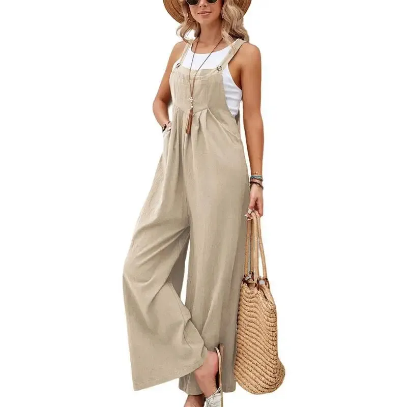Retro Casual Cotton Suspender Long Pant Pockets Button Wide Leg Strap Jumpsuit Loose Rompers Overalls