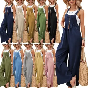 Retro Casual Cotton Suspender Long Pant Pockets Button Wide Leg Strap Jumpsuit Loose Rompers Overalls