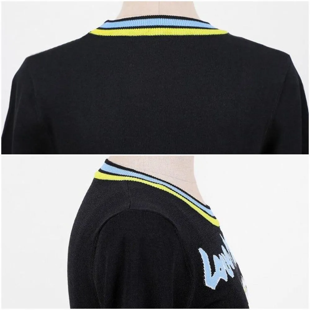 Retro Love Machine Rainbow Women's Tops Jacquard Short Sleeve Pullover Summer Female Girls Knitted Top Striped Sweater
