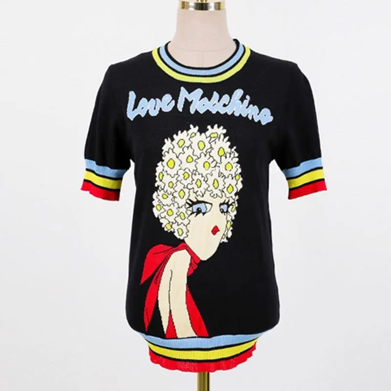 Retro Love Machine Rainbow Women's Tops Jacquard Short Sleeve Pullover Summer Female Girls Knitted Top Striped Sweater