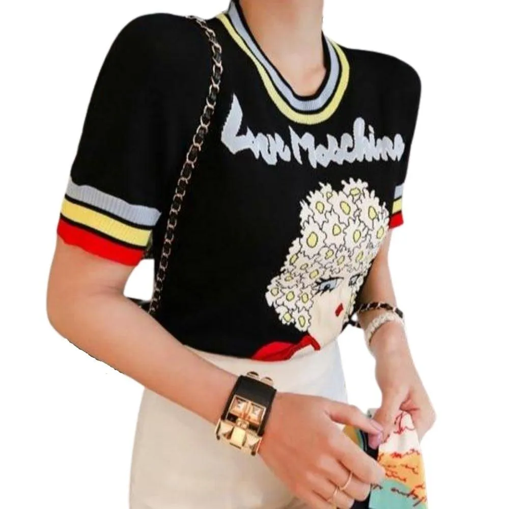 Retro Love Machine Rainbow Women's Tops Jacquard Short Sleeve Pullover Summer Female Girls Knitted Top Striped Sweater