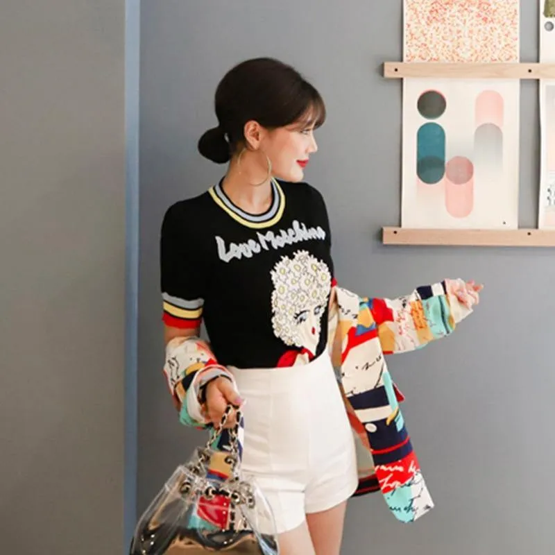 Retro Love Machine Rainbow Women's Tops Jacquard Short Sleeve Pullover Summer Female Girls Knitted Top Striped Sweater