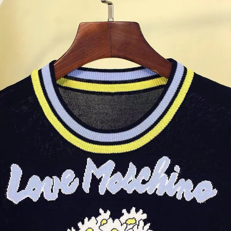 Retro Love Machine Rainbow Women's Tops Jacquard Short Sleeve Pullover Summer Female Girls Knitted Top Striped Sweater