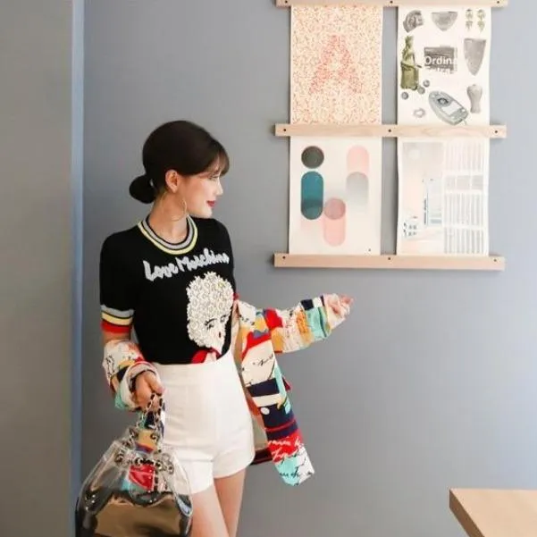 Retro Love Machine Rainbow Women's Tops Jacquard Short Sleeve Pullover Summer Female Girls Knitted Top Striped Sweater