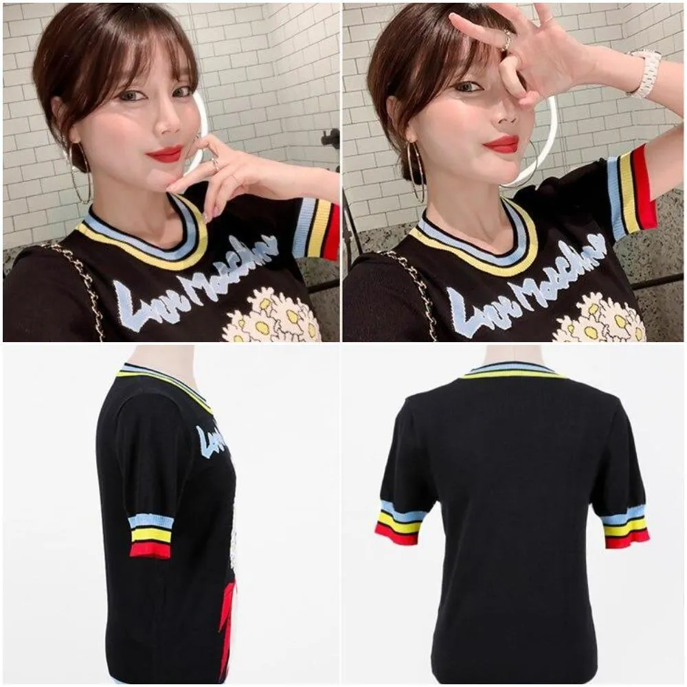 Retro Love Machine Rainbow Women's Tops Jacquard Short Sleeve Pullover Summer Female Girls Knitted Top Striped Sweater