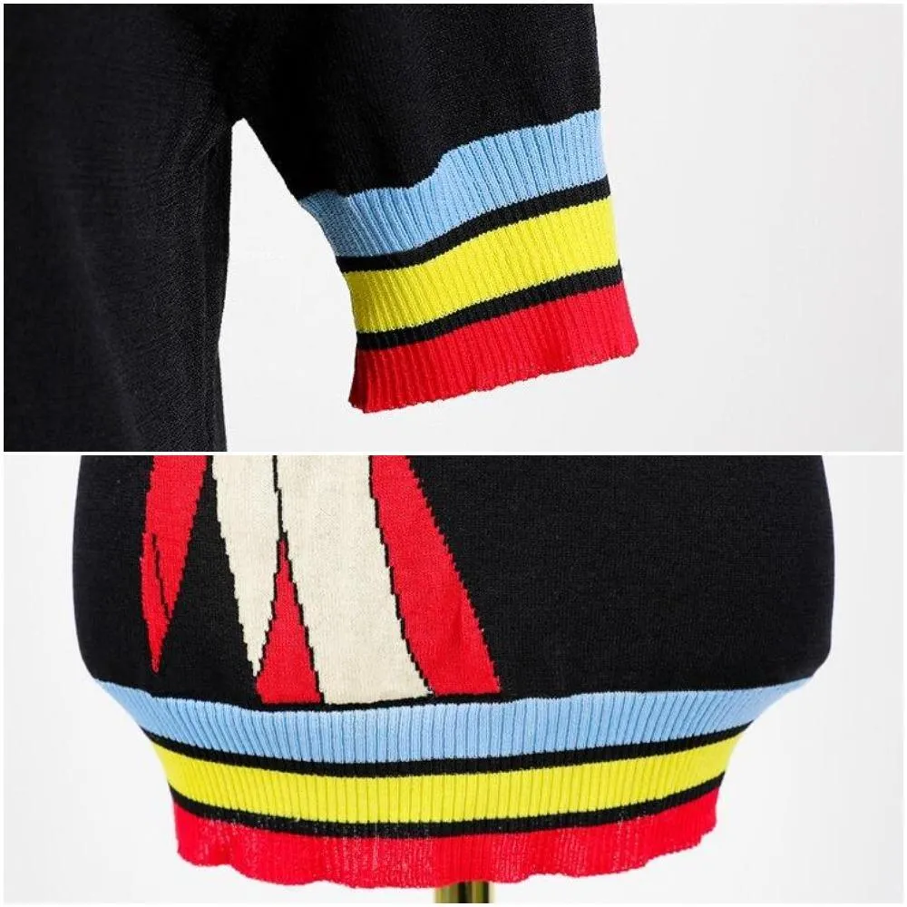 Retro Love Machine Rainbow Women's Tops Jacquard Short Sleeve Pullover Summer Female Girls Knitted Top Striped Sweater