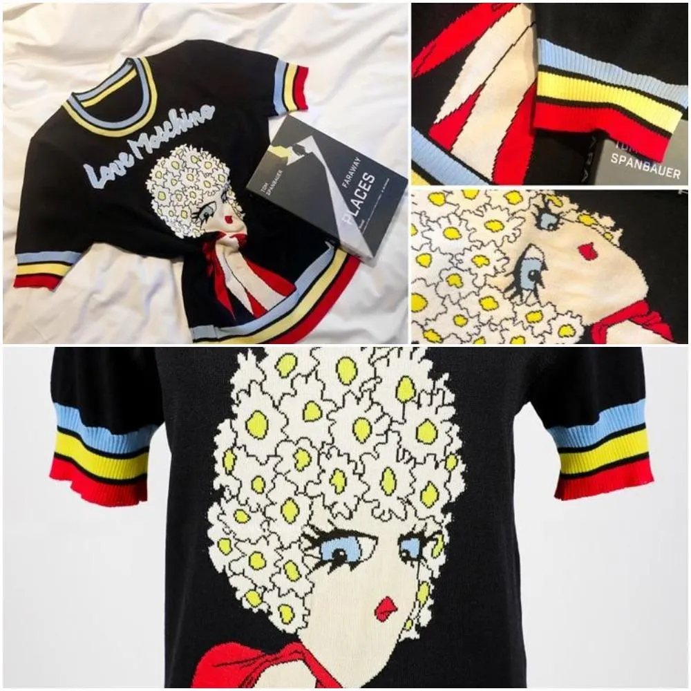 Retro Love Machine Rainbow Women's Tops Jacquard Short Sleeve Pullover Summer Female Girls Knitted Top Striped Sweater