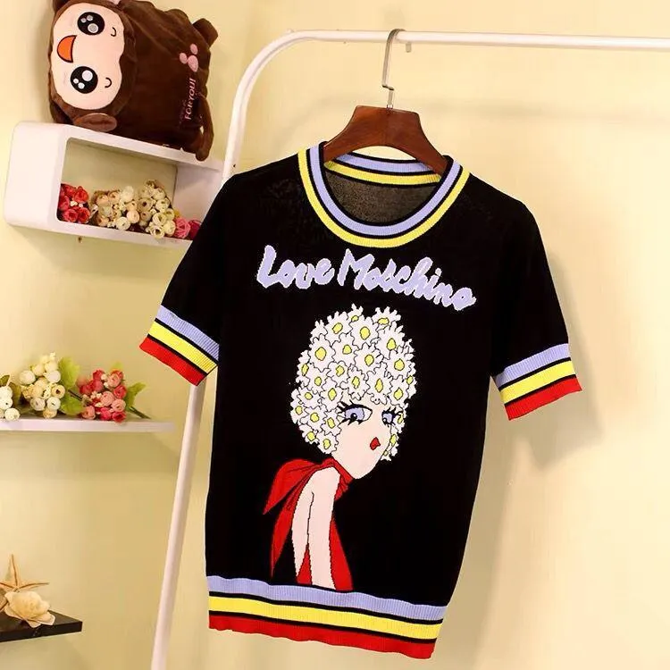 Retro Love Machine Rainbow Women's Tops Jacquard Short Sleeve Pullover Summer Female Girls Knitted Top Striped Sweater