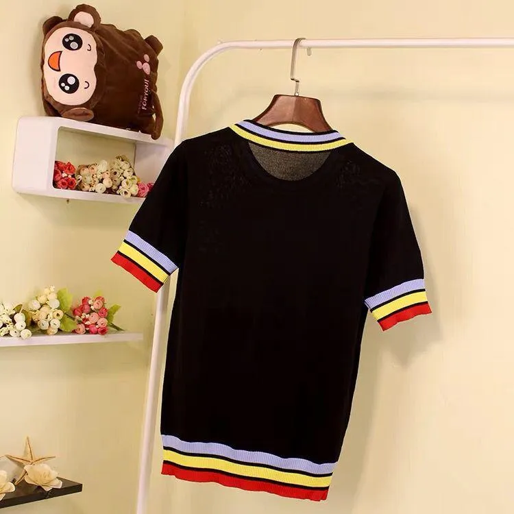 Retro Love Machine Rainbow Women's Tops Jacquard Short Sleeve Pullover Summer Female Girls Knitted Top Striped Sweater