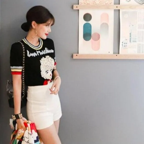 Retro Love Machine Rainbow Women's Tops Jacquard Short Sleeve Pullover Summer Female Girls Knitted Top Striped Sweater