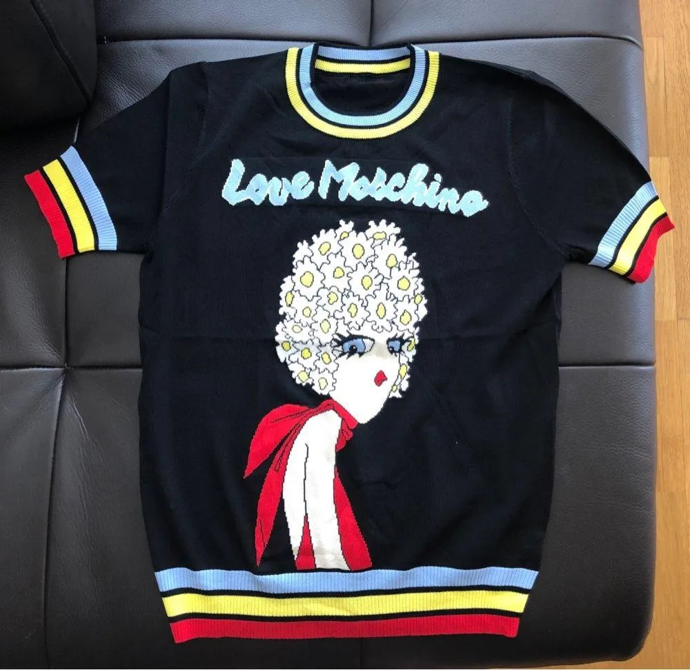 Retro Love Machine Rainbow Women's Tops Jacquard Short Sleeve Pullover Summer Female Girls Knitted Top Striped Sweater