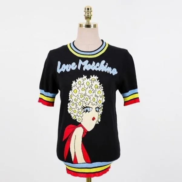 Retro Love Machine Rainbow Women's Tops Jacquard Short Sleeve Pullover Summer Female Girls Knitted Top Striped Sweater