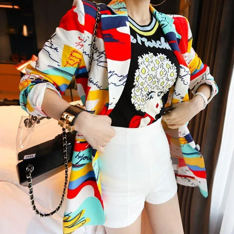 Retro Love Machine Rainbow Women's Tops Jacquard Short Sleeve Pullover Summer Female Girls Knitted Top Striped Sweater