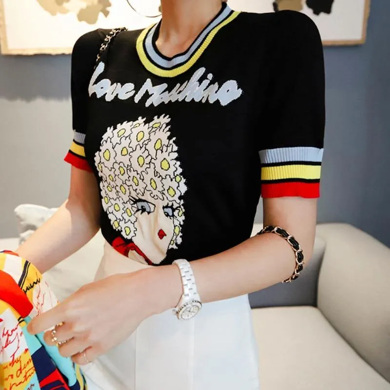 Retro Love Machine Rainbow Women's Tops Jacquard Short Sleeve Pullover Summer Female Girls Knitted Top Striped Sweater