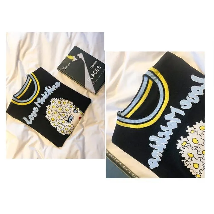 Retro Love Machine Rainbow Women's Tops Jacquard Short Sleeve Pullover Summer Female Girls Knitted Top Striped Sweater