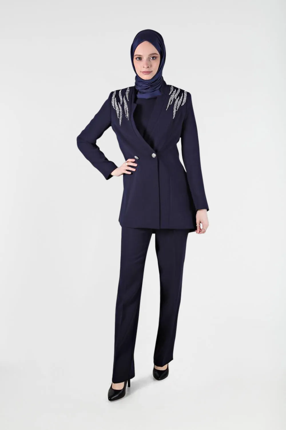 Rhinestone 3-Pieces Modest Pant Set | Navy Blue