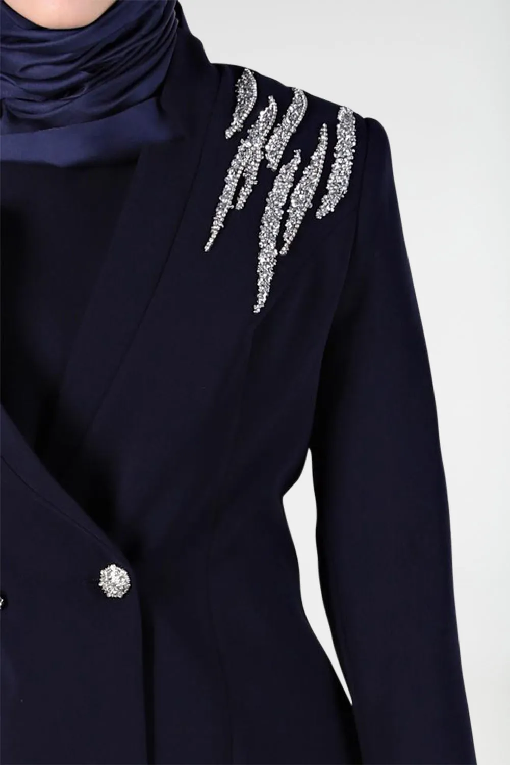 Rhinestone 3-Pieces Modest Pant Set | Navy Blue