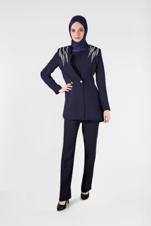 Rhinestone 3-Pieces Modest Pant Set | Navy Blue