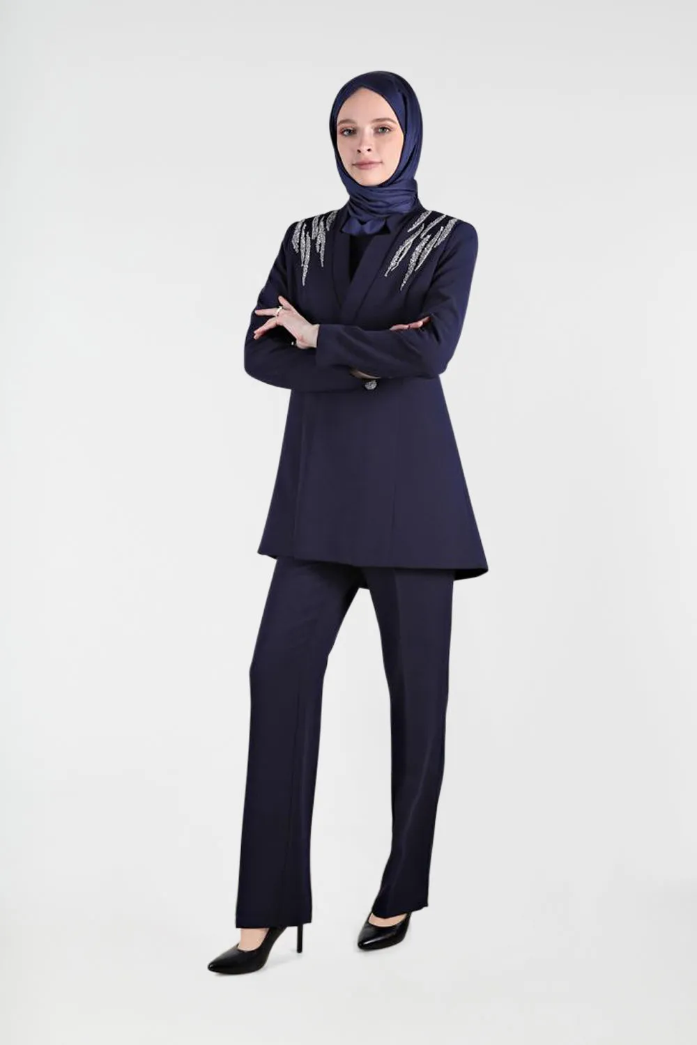 Rhinestone 3-Pieces Modest Pant Set | Navy Blue