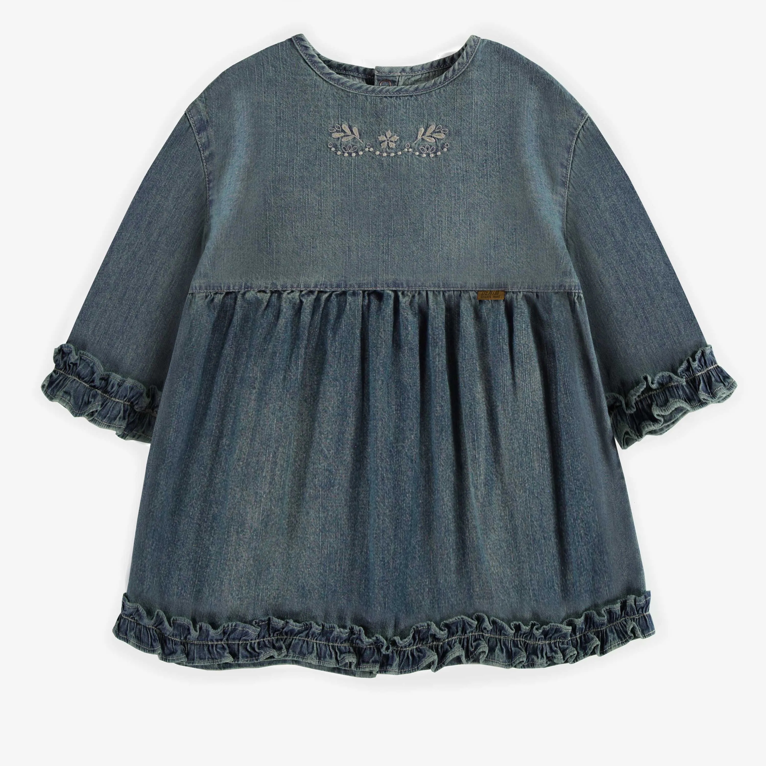Robe tunique décontractée/évasée à manches 3/4 en denim léger bleu pâle, enfant || Tunic dress relaxed/flared fit with 3/4 sleeves in light denim, child