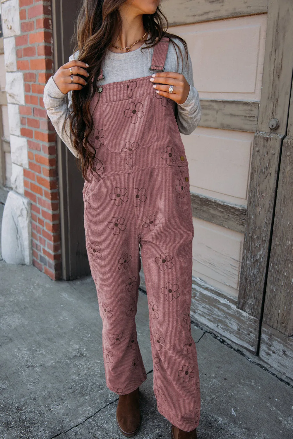 Rose Pink Flower Print Corduroy Overalls