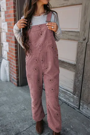 Rose Pink Flower Print Corduroy Overalls