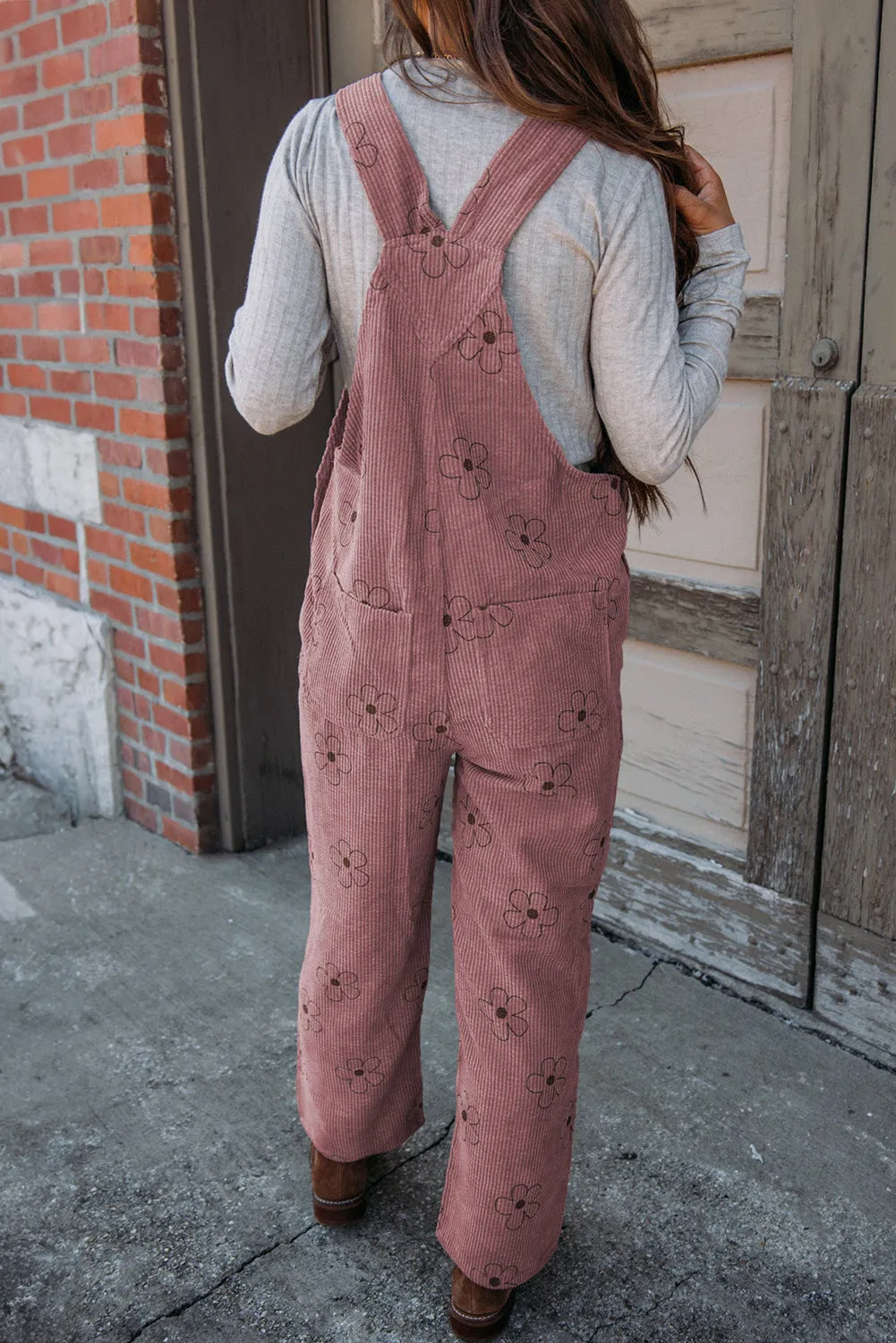 Rose Pink Flower Print Corduroy Overalls