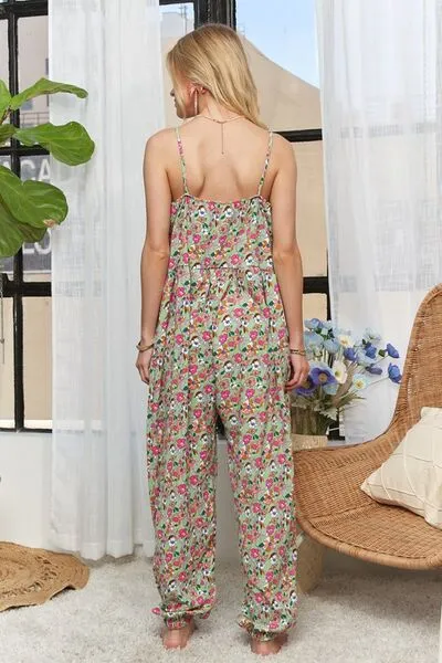 Sage Floral V-Neck Spaghetti Strap Overalls