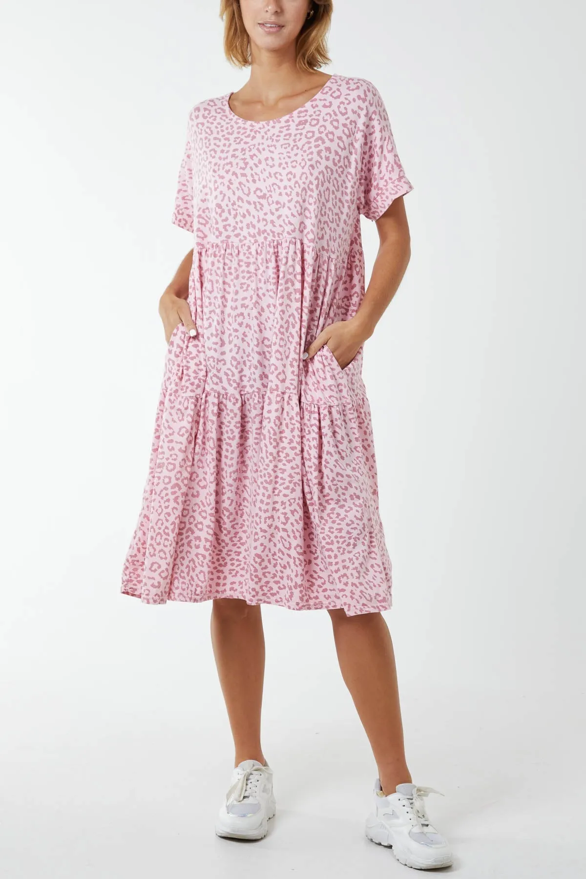 Scoop Neck Leopard Print Midi Tiered Dress