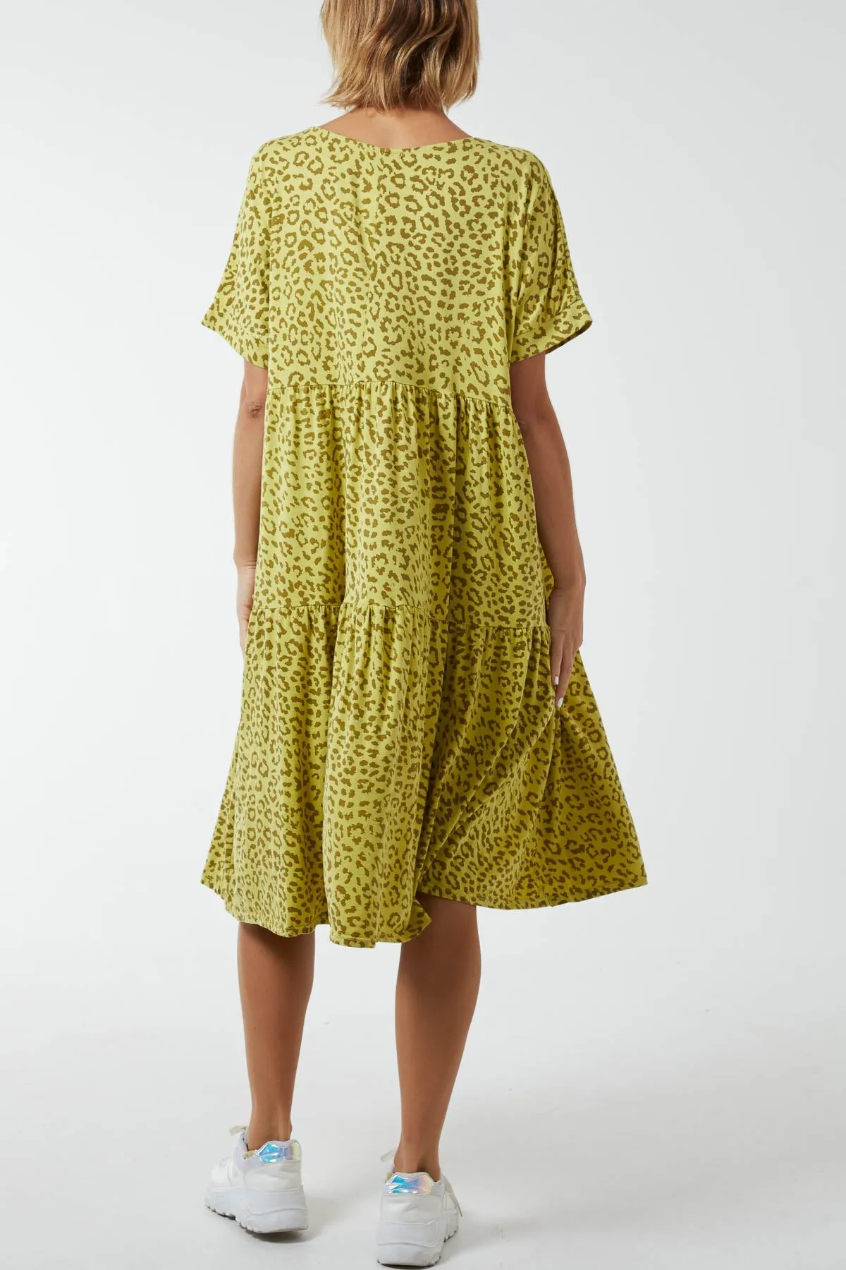 Scoop Neck Leopard Print Midi Tiered Dress