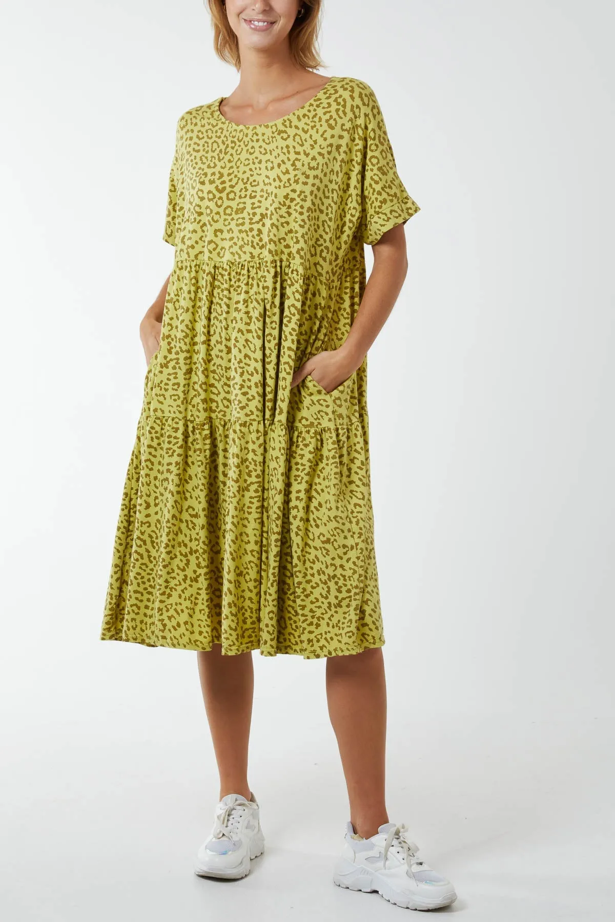 Scoop Neck Leopard Print Midi Tiered Dress