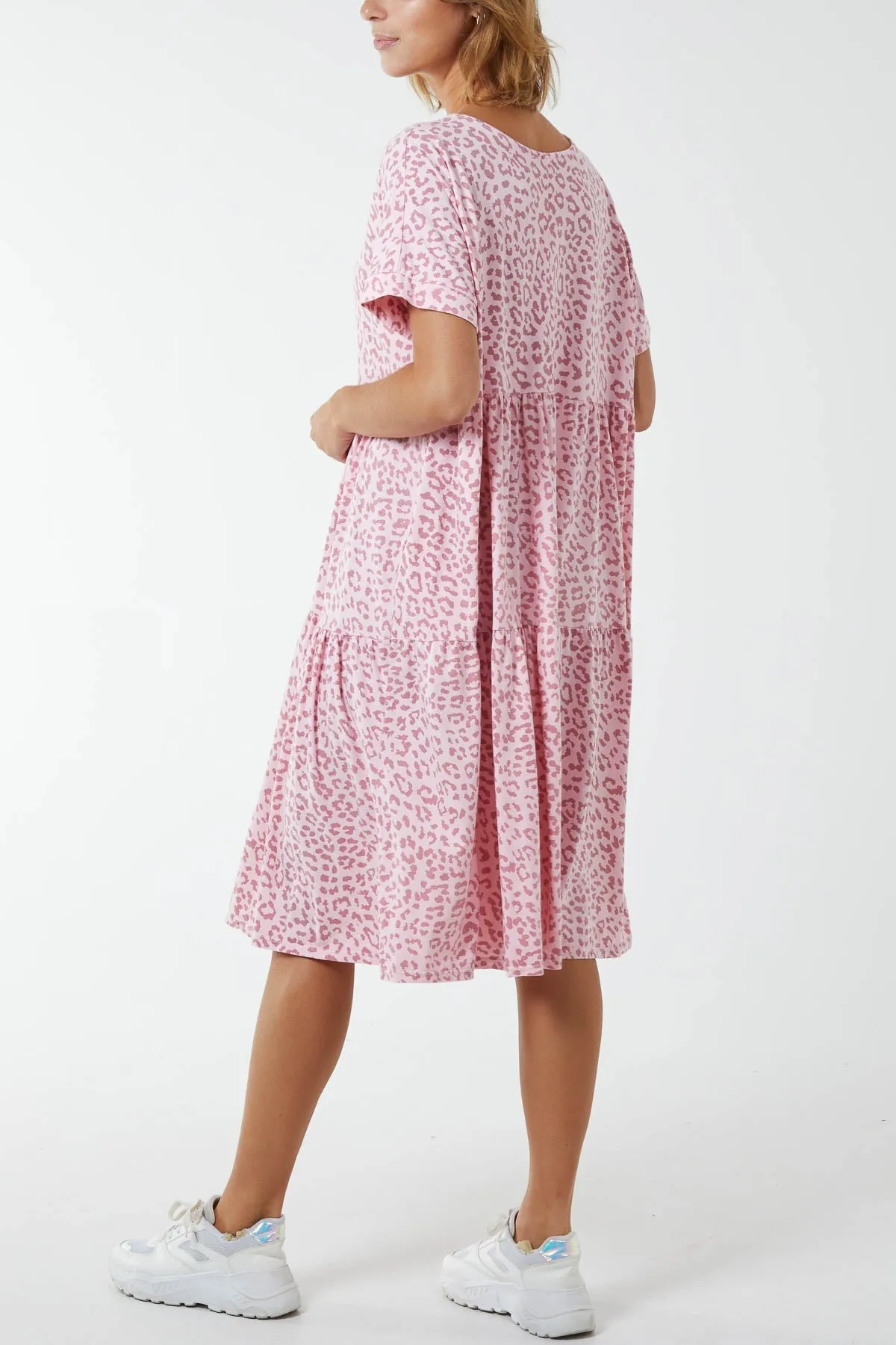 Scoop Neck Leopard Print Midi Tiered Dress