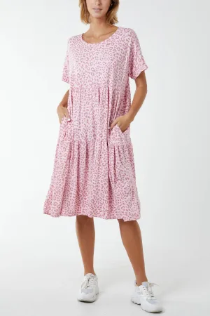 Scoop Neck Leopard Print Midi Tiered Dress