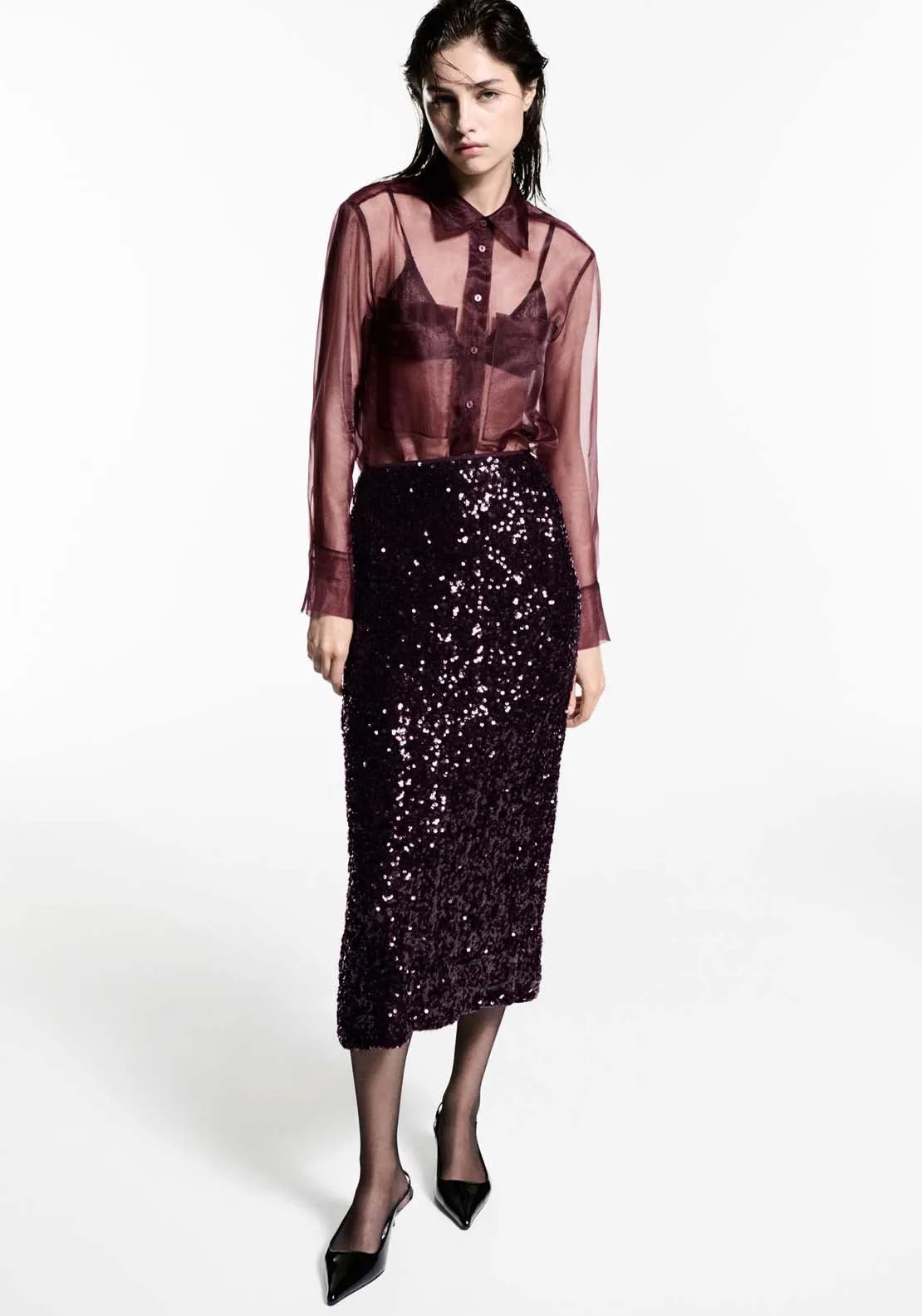 Sequin midi skirt - Dark Red
