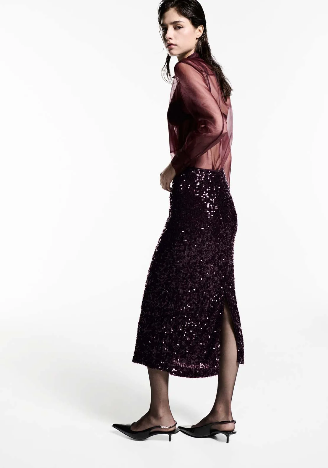 Sequin midi skirt - Dark Red
