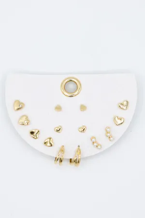 Seven Pair Stud Heart Earrings Set for Women in Gold | OEF043-GDCRM