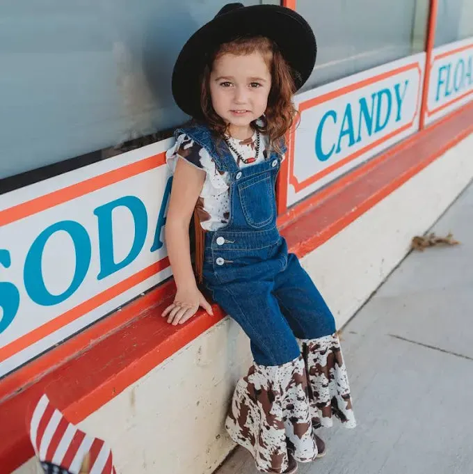 Shea Baby Cow Print & Denim Overalls SBOV05