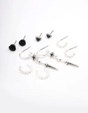 Silver Mixed Heart & Rose Earring 5-Pack