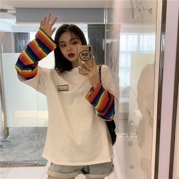 Spring Autumn Women Harajuku Long Sleeve Rainbow O-Neck T-Shirts  Casual Striped Femme Black Tops Pullover