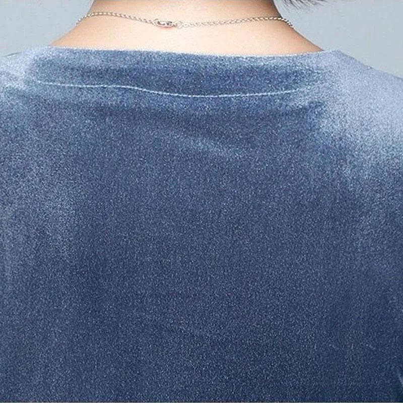 Spring Fall Women Sexy V-neck Gold Velvet top Elegant Blue Long Sleeve Wild Basic Shirts Vintage Casual Ladies Top Pullover